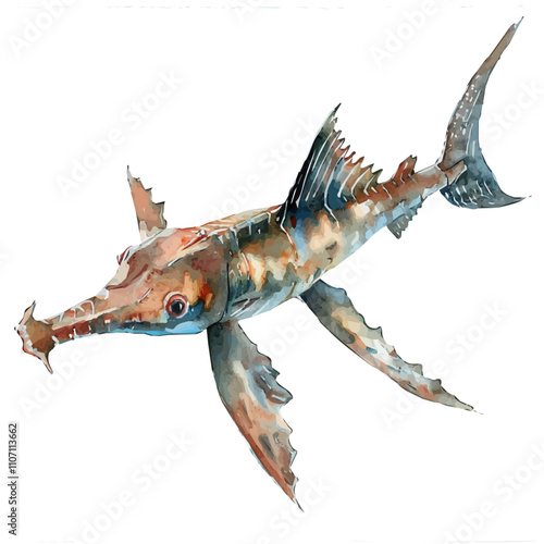 A watercolor painting of a Sawfish, isolated on a white background. Sawfish vector.