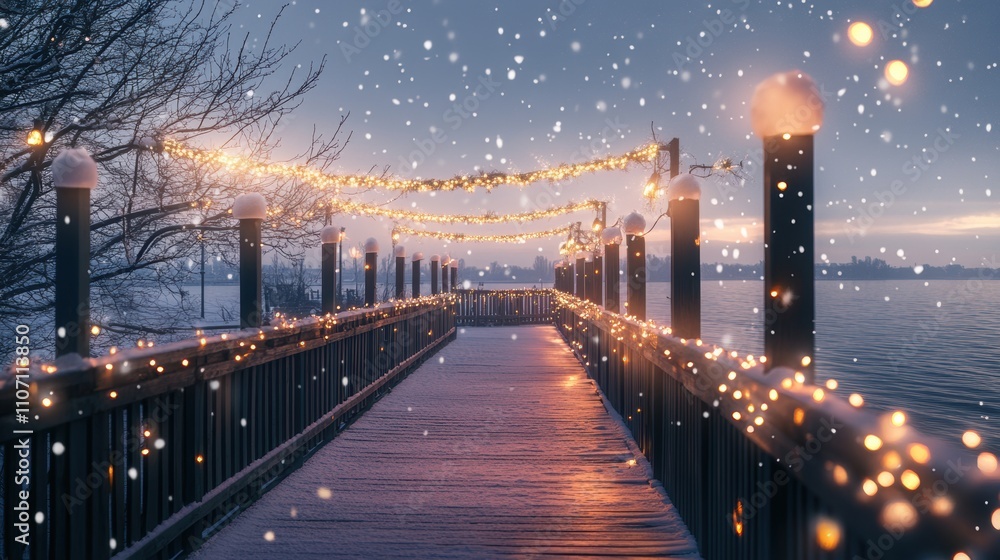 Fototapeta premium Tranquil Winter Pier with Warm Lights and Snowfall Creating a Magical Atmosphere Overlooking a Calm Body of Water at Dusk
