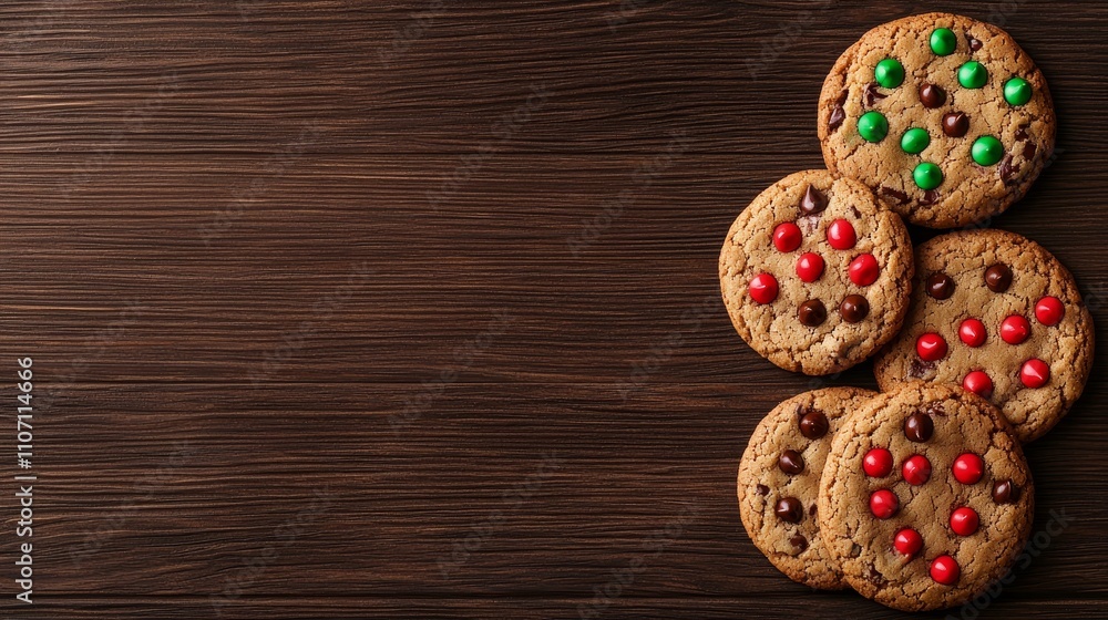Festive chocolate chip cookies, topped with vibrant red and green chocolate granules, arranged neatly on a wooden table, ready for Christmas celebrations Festive chocolate chip cookies, topped with vibrant red and green chocolate granules, arranged neatly on a wooden table, ready for Christmas celebrations