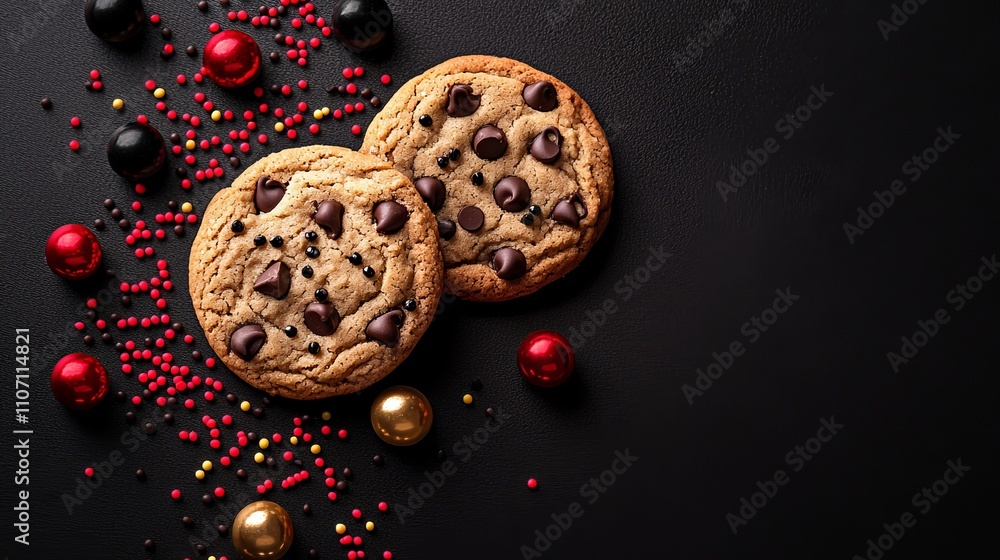 Festive chocolate chip cookies with colorful sprinkles in red, green, black, and yellow, artistic treat presentation, playful dessert Festive chocolate chip cookies with colorful sprinkles in red, green, black, and yellow, artistic treat presentation, playful dessert