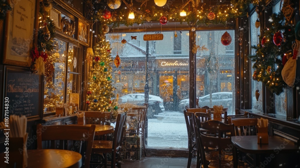 Fototapeta premium Charming Cozy Restaurant Interior with Christmas Decorations and Snowy View Outside Capturing the Perfect Holiday Atmosphere in a Winter Wonderland