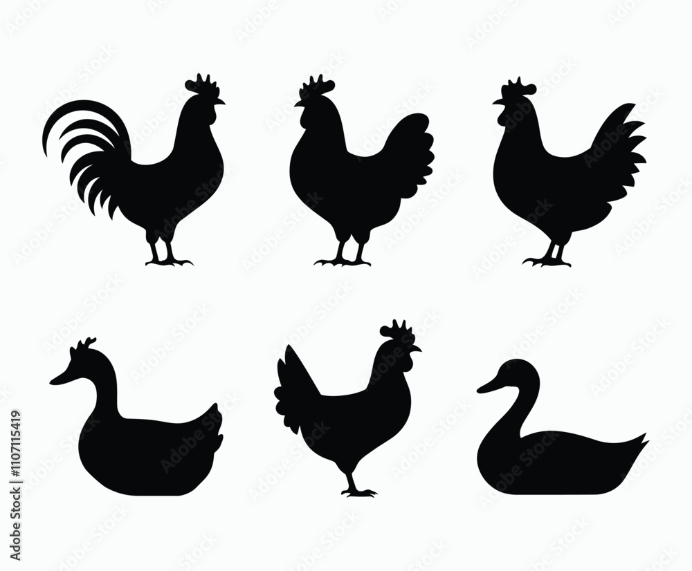 Fototapeta premium Minimalist Poultry Silhouettes Collection Vector Template