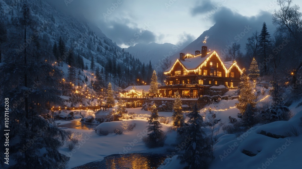 Cozy winter cabin in snowy landscape, adorned with glowing Christmas lights, surrounded by mountains and tranquil river reflecting the festive atmosphere and holidays cheer Cozy winter cabin in snowy landscape, adorned with glowing Christmas lights, surrounded by mountains and tranquil river reflecting the festive atmosphere and holidays cheer