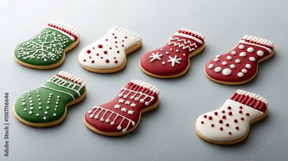 Festive mitten cookies with bright icing in red, green, and white, playful designs with stars and dots, creative holiday treat idea for children, seasonal dessert concept Festive mitten cookies with bright icing in red, green, and white, playful designs with stars and dots, creative holiday treat idea for children, seasonal dessert concept