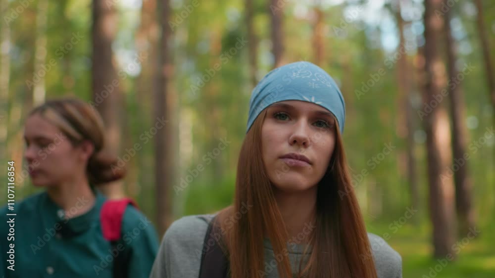 Woman with blue bandana walking along forest trail with subtle smile, exuding calm confidence, while her friend in green shirt looks around peacefully in soft blur background amidst tall trees Woman with blue bandana walking along forest trail with subtle smile, exuding calm confidence, while her friend in green shirt looks around peacefully in soft blur background amidst tall trees