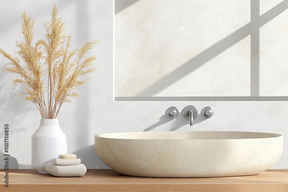 Fototapeta premium scandinavian bathroom, a spacious, minimalist japandi bathroom adorned with natural stone and a neutral palette exuding simplicity and tranquility