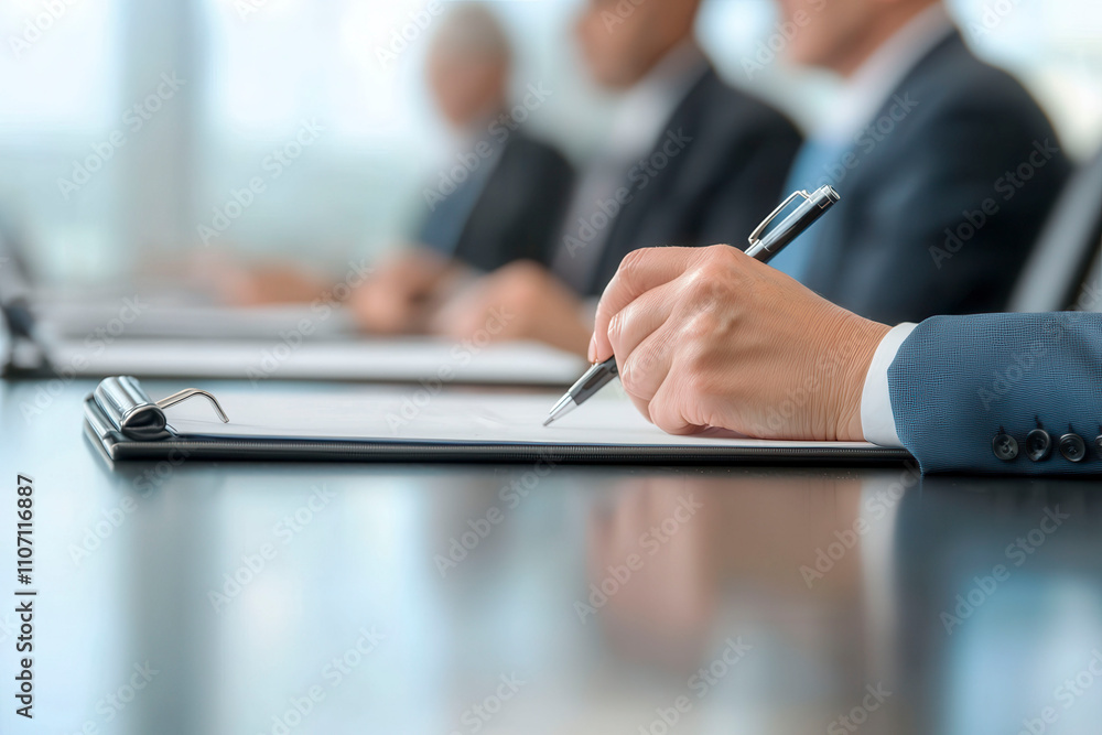 A close-up of a hand writing on a clipboard during a business meeting, with blurred colleagues in the background. A close-up of a hand writing on a clipboard during a business meeting, with blurred colleagues in the background.