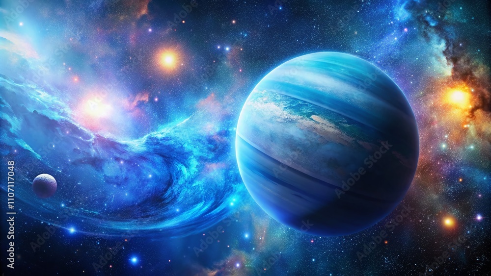 Stunning Double Exposure of the Blue Neptune Planet with Cosmic Elements in a Flat Illustration Style, Perfect for Science and Space-Themed Projects Stunning Double Exposure of the Blue Neptune Planet with Cosmic Elements in a Flat Illustration Style, Perfect for Science and Space-Themed Projects