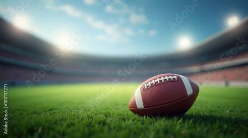 American football ball lying on a green grass field under sunlight in a stadium during a game or practice