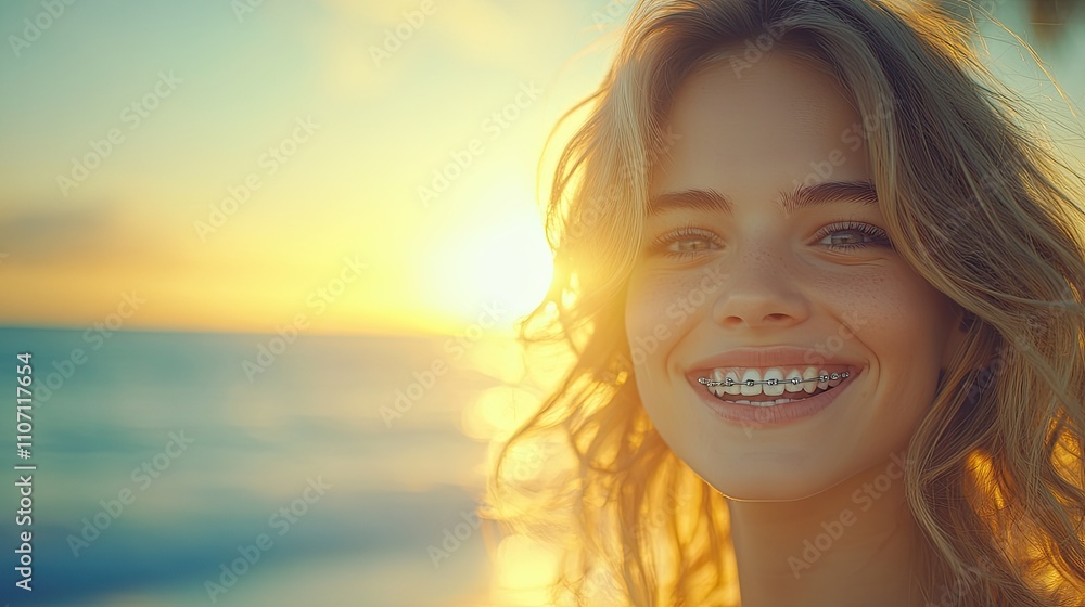 Young Woman with Braces Smiling Brightly at the Camera During Sunset Young Woman with Braces Smiling Brightly at the Camera During Sunset