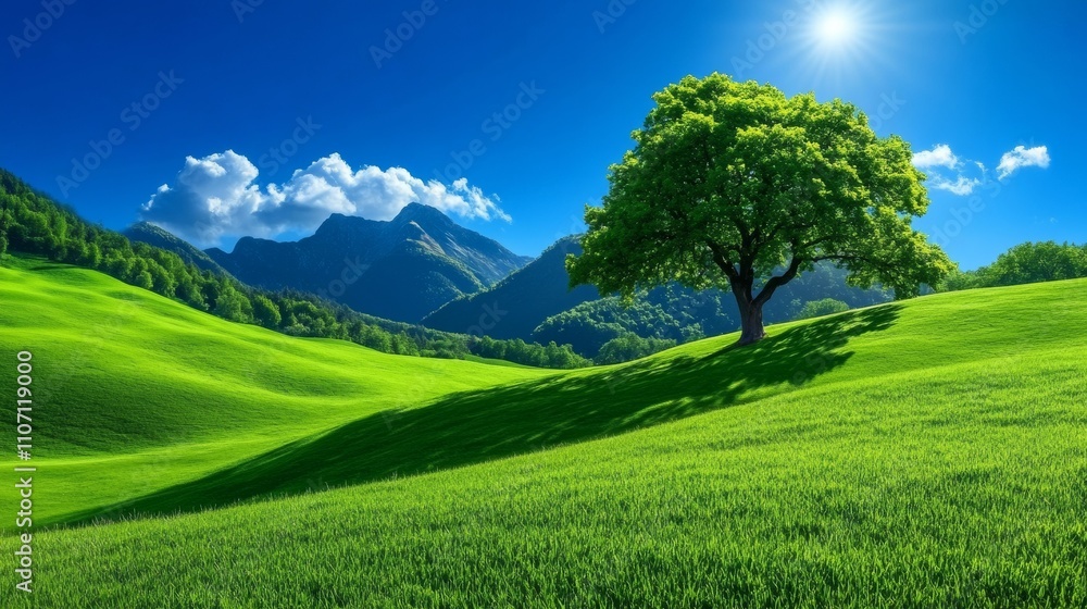 Obraz premium Majestic Lone Tree on Rolling Green Hills with Mountain Views
