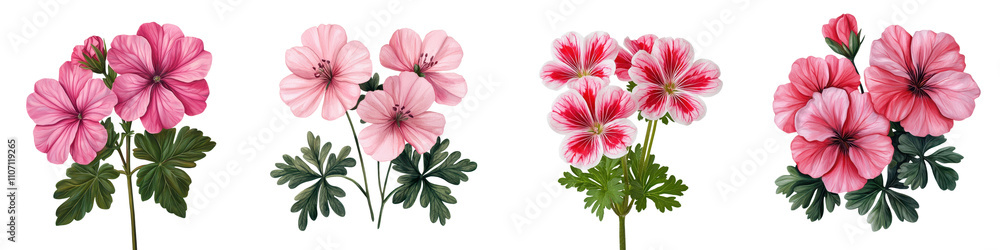 Obraz premium Vibrant Geranium Flowers Blooming on White Background