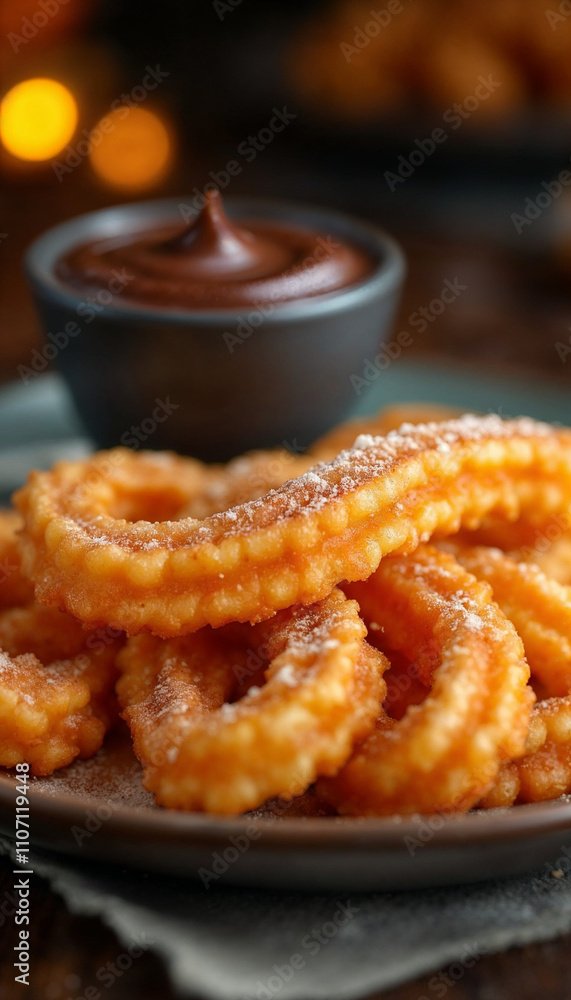 Close-up of crispy churros sprinkled with sugar and cocoa powder Close-up of crispy churros sprinkled with sugar and cocoa powder