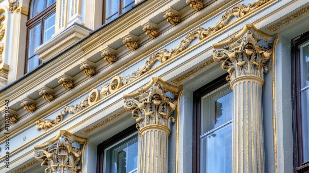 Obraz premium A closeup of the decorative columns and moldings around the buildings windows adding a sense of elegance and grandeur.