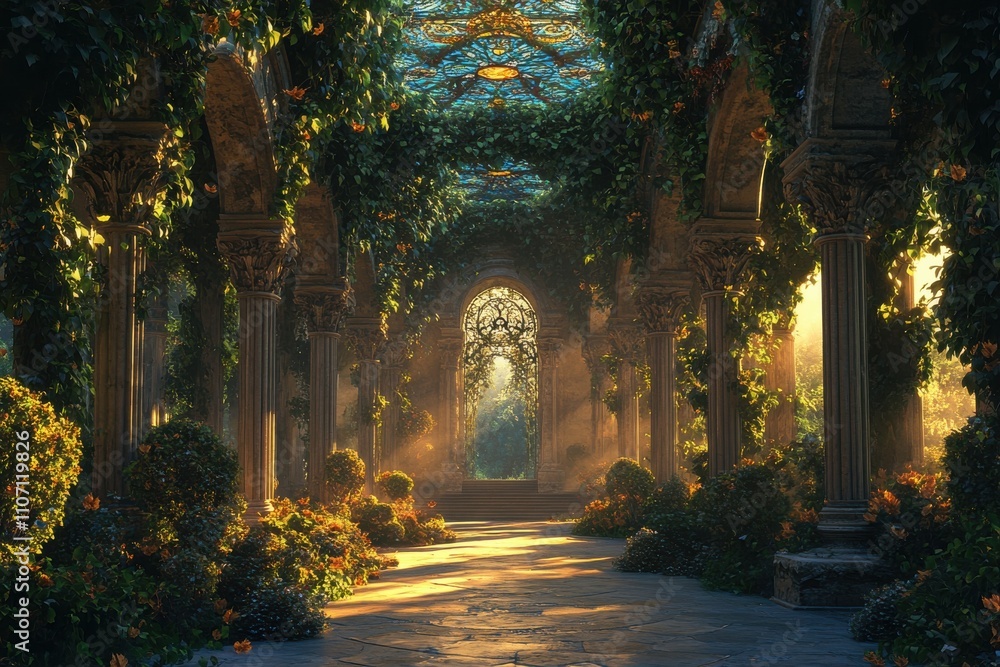 Fototapeta premium A large, open room with a lot of greenery and vines