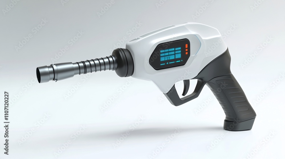A modern fuel nozzle with digital display and a white background A modern fuel nozzle with digital display and a white background