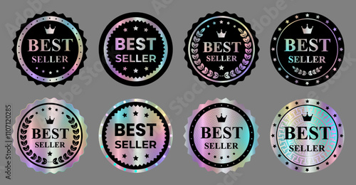 Set of realistic shiny holographic sticker, template, label. Round Smooth Mirror Rainbow Emblem Best seller. Award, medal with crown, laurel. Isolated on grey  background. EPS10 Vector Illustration