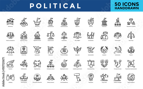 Political icon set with democracy, republic, monarchy, totalitarianism, authoritarianism, oligarchy, anarchy, federalism, unitary system, separation of powers icon. Simple handdrawn vector 
