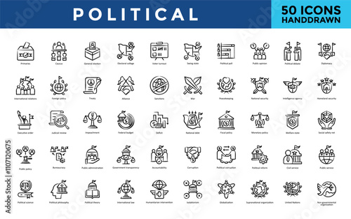 Political icon set with primaries, caucus, general election, electoral college, voter turnout, swing state, political poll, public opinion, political debate, diplomacy icon. Simple handdrawn vector 
