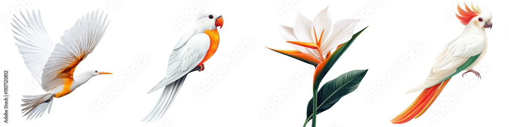 Obraz premium Graceful White Bird in Flight Amid Tropical Flowers