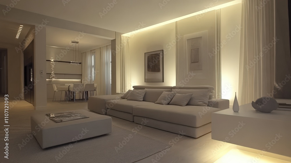 A minimalist living room with a neutral palette of whites, grays, and beige, featuring a low-profile sofa, simple lighting fixtures, and a few select decorative pieces for a clean, clutter-free space. A minimalist living room with a neutral palette of whites, grays, and beige, featuring a low-profile sofa, simple lighting fixtures, and a few select decorative pieces for a clean, clutter-free space.