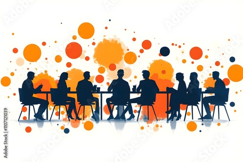 Minimalist image of a small group of team members sitting together in a circle or around a table, symbolizing collaboration and teamwork.