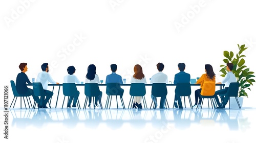 Minimalist image of a small group of team members sitting together in a circle or around a table, symbolizing collaboration and teamwork.