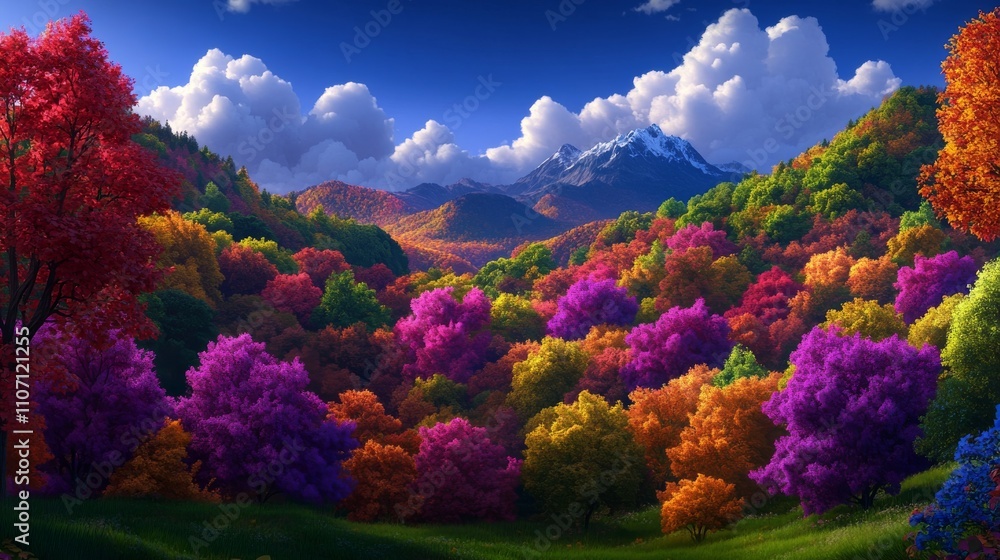 Vibrant Autumn Landscape with Colorful Trees and Snow-Capped Mountains Vibrant Autumn Landscape with Colorful Trees and Snow-Capped Mountains