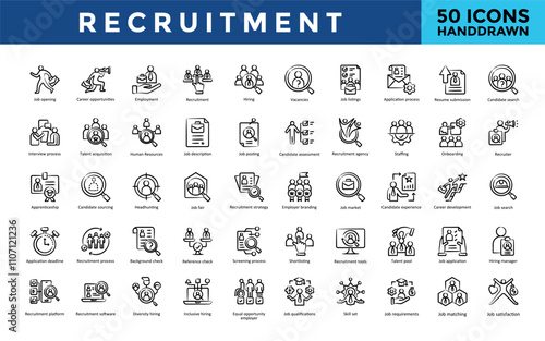 Recruitment icon set with job opening, career opportunities, employment, recruitment, hiring, vacancies, job listings, application process, resume submission, candidate icon. Simple handdrawn vector 

