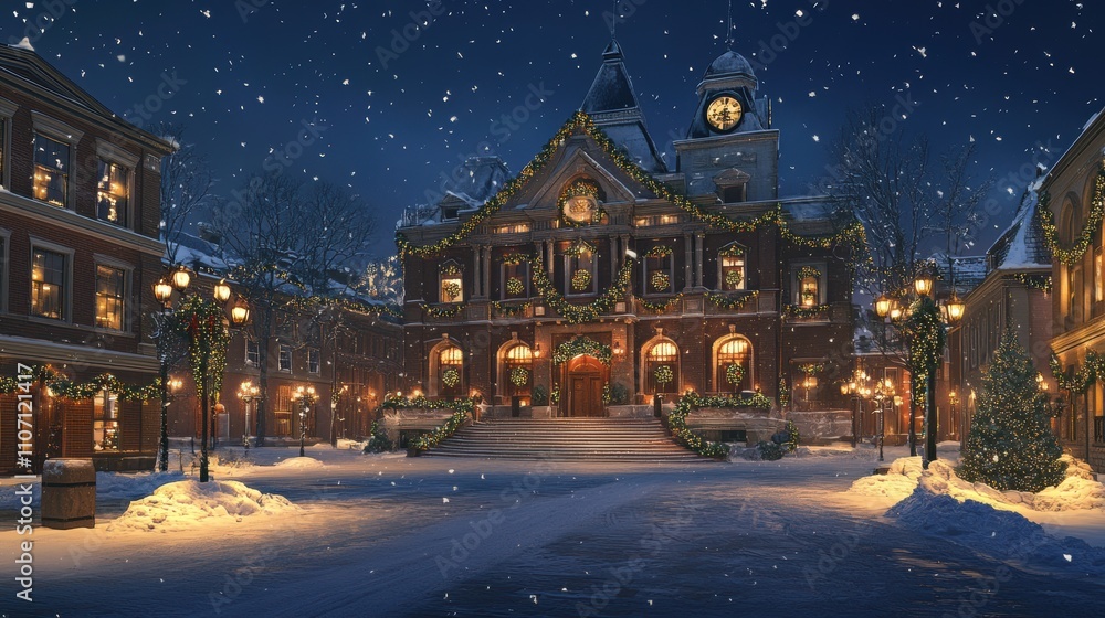 Charming Winter Town Square at Night with Snowfall, Festive Decorations, and Warm Glowing Lights Surrounding Historical Building During Christmas Season Charming Winter Town Square at Night with Snowfall, Festive Decorations, and Warm Glowing Lights Surrounding Historical Building During Christmas Season