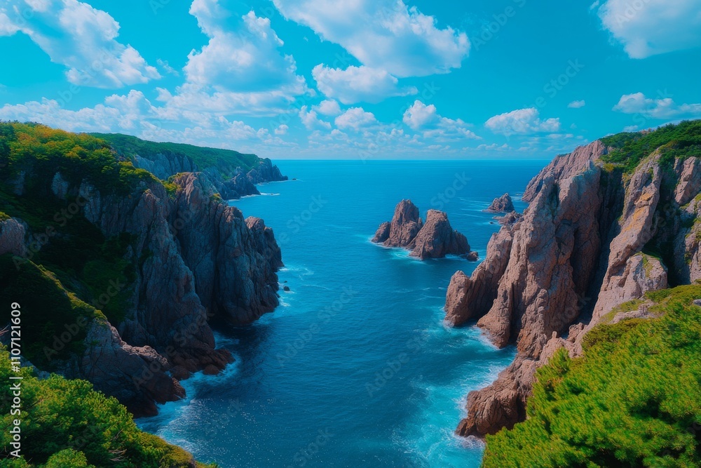Fototapeta premium Majestic Coastal Cliffs Overlooking a Deep Blue Sea Under a Clear Sky