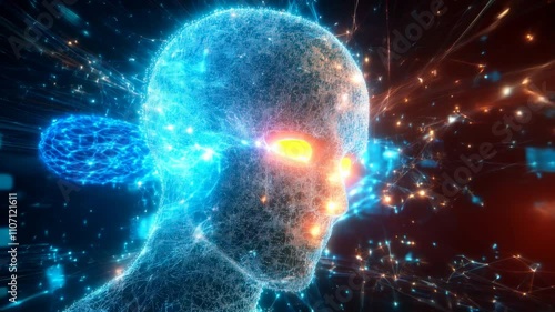 Vibrant Computer Generated Digital Human Head Glowing Representation of Artificial Intelligence and Futuristic Technology