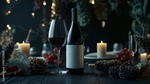 Elegant Romantic Dinner Scene Featuring Red Wine Bottle and Glasses, Candlelit Glow, Warm Bokeh Background, and Cozy Ambiance for an Intimate and Sophisticated Evening Atmosphere