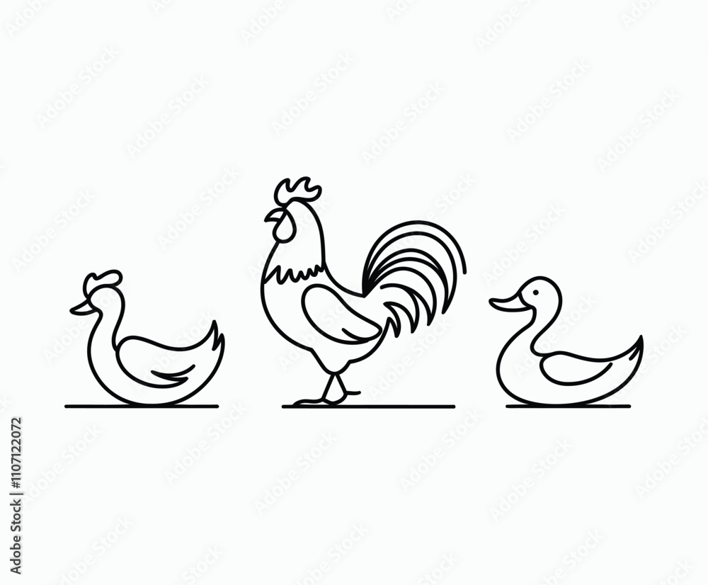 Fototapeta premium Elegant And Simple Line Rooster and Hen Silhouette Vector Template