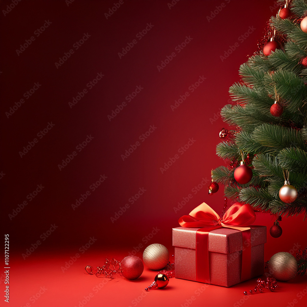 a gift box under christmas tree with ornaments and decorations red background a gift box under christmas tree with ornaments and decorations red background