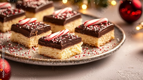 Wallpaper Mural Festive shortbread cookies with chocolate dips, decorated with colorful candy cane crumbles, served on a Christmas-themed plate, glowing in soft light Torontodigital.ca