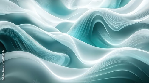 A modern digital background filled with abstract waveforms and soft, glowing lights in shades of teal and white