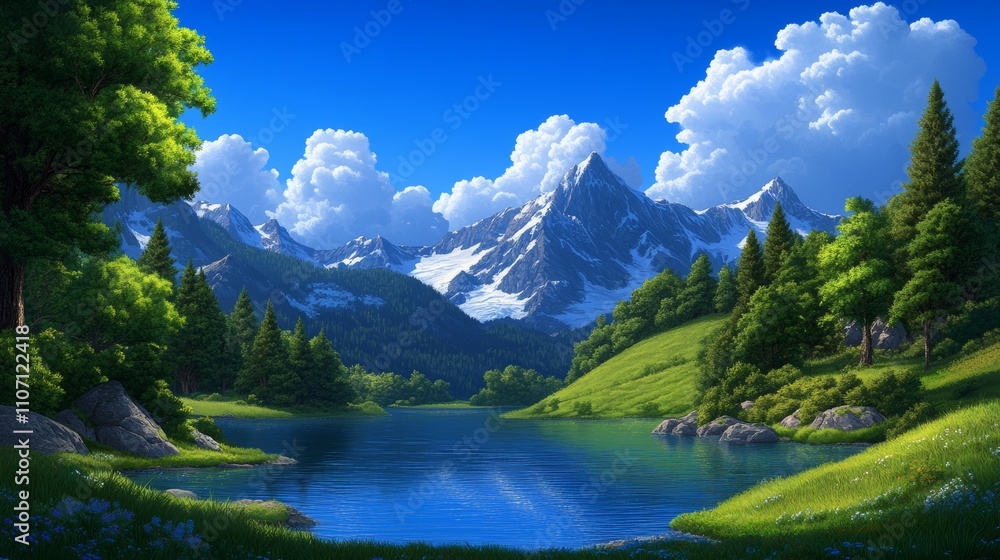 Obraz premium Picturesque Alpine Lake with Snow-Capped Mountains and Verdant Forests