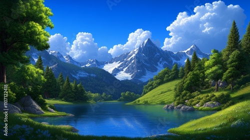 Picturesque Alpine Lake with Snow-Capped Mountains and Verdant Forests