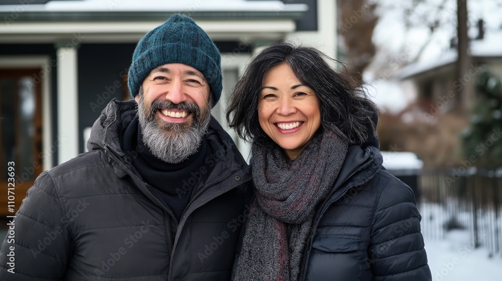 Smiling middle-aged couple wearing winter jackets standing outdoors in a snowy setting. The man has a gray beard and wears a knit hat; the woman has dark hair and wears a knitted scarf. Smiling middle-aged couple wearing winter jackets standing outdoors in a snowy setting. The man has a gray beard and wears a knit hat; the woman has dark hair and wears a knitted scarf.