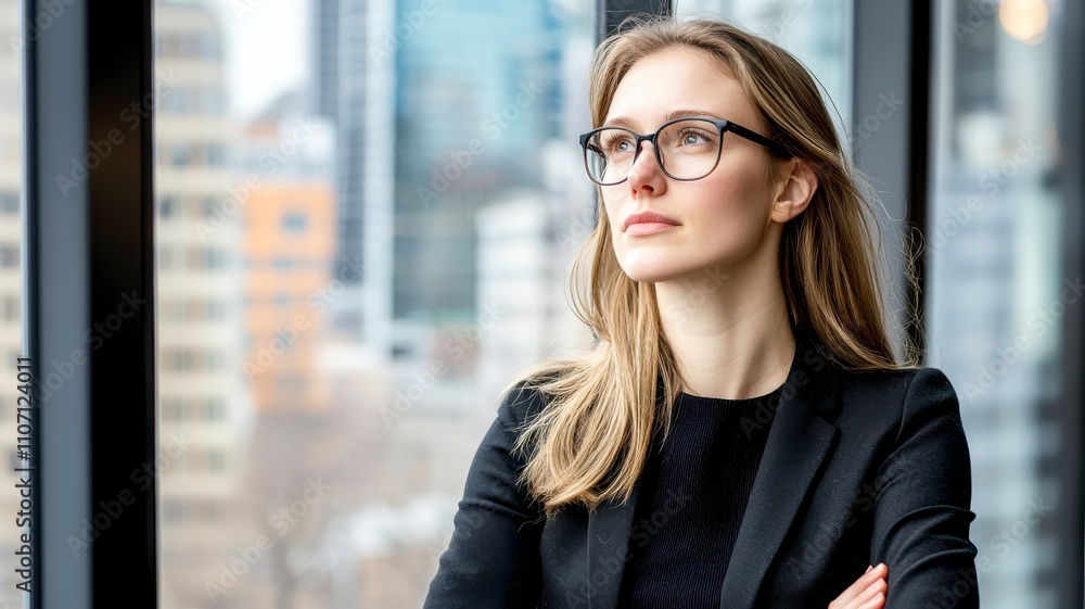 Boss woman leadership goal-oriented concept. A professional woman in glasses stands confidently by a large window, gazing thoughtfully at the city skyline. Boss woman leadership goal-oriented concept. A professional woman in glasses stands confidently by a large window, gazing thoughtfully at the city skyline.