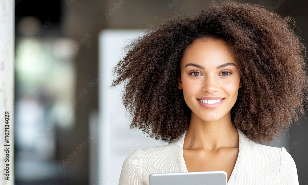 Boss woman leadership goal-oriented concept. A smiling woman with curly hair holds a tablet, exuding confidence in a modern, bright environment.