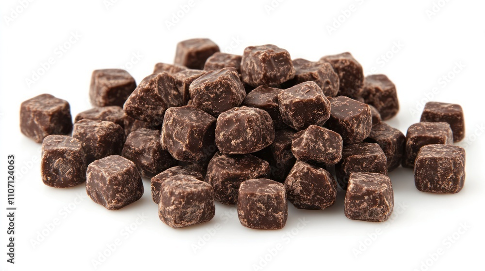 Pile of small, dark brown chocolate squares on a white background. Pile of small, dark brown chocolate squares on a white background.