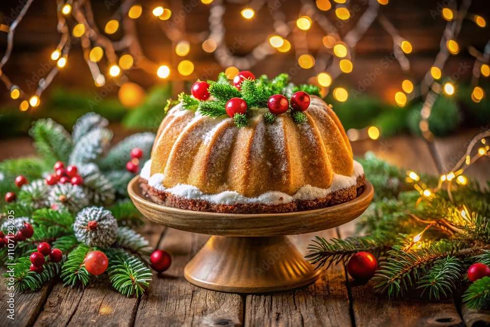 A festive Bundt cake adorned with vanilla icing sits elegantly on a Christmas table, nestled among lush evergreen branches, creating a delightful holiday centerpiece. A festive Bundt cake adorned with vanilla icing sits elegantly on a Christmas table, nestled among lush evergreen branches, creating a delightful holiday centerpiece.