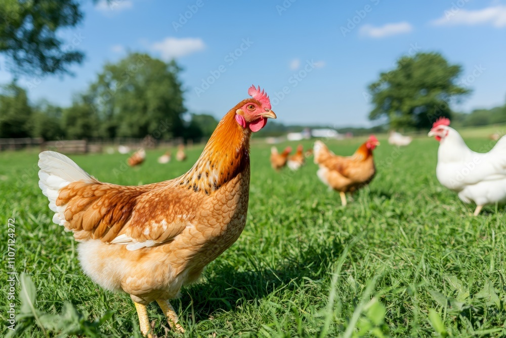 Fototapeta premium A vibrant hen standing proudly in a grassy field, surrounded by other free-range chickens.