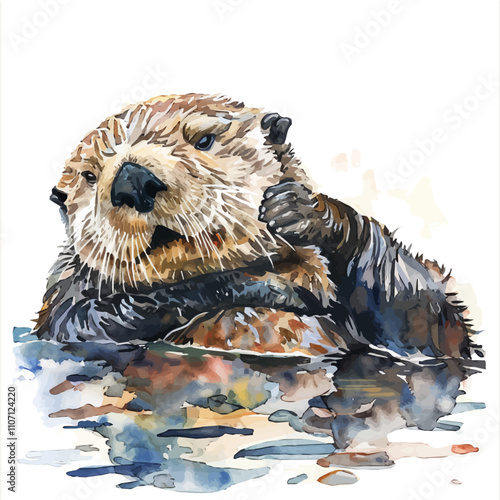 A watercolor painting of a Sea Otter, isolated on a white background. Sea Otter vector.