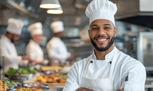 Fototapeta Naklejka Na Ścianę i Meble -  A cheerful chef in a bustling kitchen smiles confidently, with other chefs working in the background.