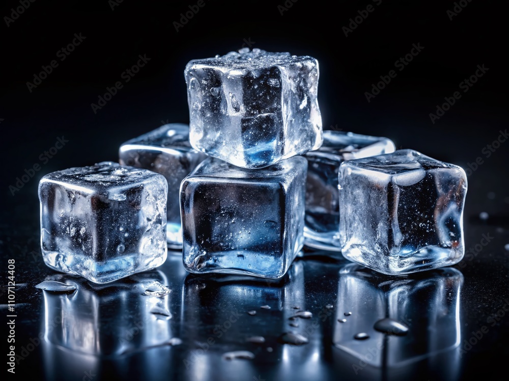 Against a black background, ice cubes embody a refreshing chill, showcasing crystal clarity and elegant simplicity, ideal for modern design themes and visual sophistication. Against a black background, ice cubes embody a refreshing chill, showcasing crystal clarity and elegant simplicity, ideal for modern design themes and visual sophistication.