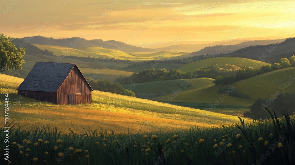 A peaceful countryside landscape with a rustic barn in the foreground. A peaceful countryside landscape with a rustic barn in the foreground.