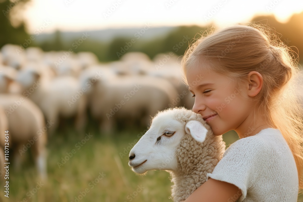 A young girl with a big smile and a knitted hat poses on a sheep farm, surrounded by a flock. A young girl with a big smile and a knitted hat poses on a sheep farm, surrounded by a flock.